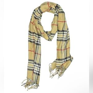 Classic Check Plaid Fringe Scarf • Tan Beige Red Black • Soft Cashmere Blend
